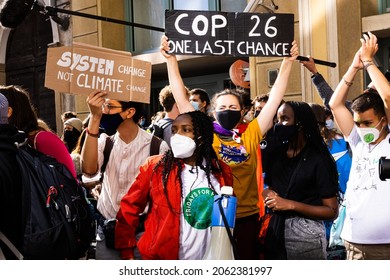 Milano, Italy October 1, 2021:
Young people display placards during the march that took place during the Pre-COP Event where the ministers prepare UN COP26 climate change conference.
