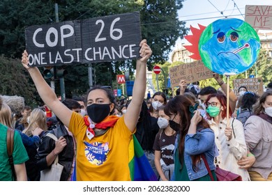 Milano, Italy October 1, 2021:
Young people display placards during the march that took place during the Pre-COP Event where the ministers prepare UN COP26 climate change conference.