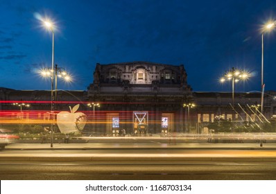 MILANO,ITALY - AUGUST 20, 2018: front view of  the central station of milan at night , Milano italy