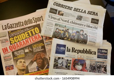 MILANO,ITALY- FEBRUARY 24, 2020: Coronavirus In Italy. The Italian Press About The Outbreak Of Coronavirus In Italy