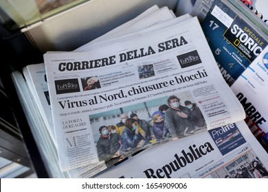 MILANO,ITALY- FEBRUARY 24, 2020: Coronavirus In Italy. The Italian Press About The Outbreak Of Coronavirus In Italy