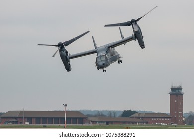 MILDENHALL, UK - APRIL 13, 2018: Bell Boeing V-22 Osprey Takes Off From RAF Mildenhall