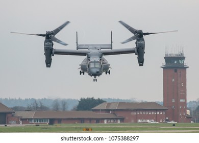 MILDENHALL, UK - APRIL 13, 2018: Bell Boeing V-22 Osprey Takes Off From RAF Mildenhall