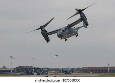 MILDENHALL, UK - APRIL 13, 2018: Bell Boeing V-22 Osprey Takes Off From RAF Mildenhall