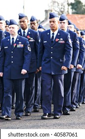 MILDENHALL, UK - NOVEMBER 8: US Air Force Airmen Marching During The Remembrance Sunday Parade And Ceremony On November 8, 2009 In Mildenhall, UK.