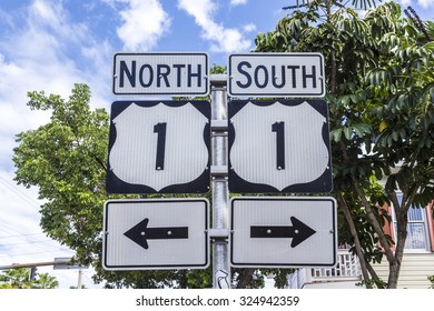 Mile Zero In Key West, Highway Sign No1 Florida Keys,direction South And North