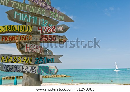 mileage signpost on key west florida beach, focus on signpost