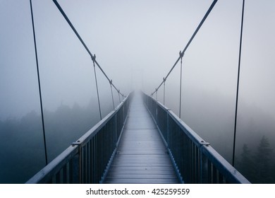 The Mile-High Swinging Bridge in fog, at Grandfather Mountain, North Carolina.