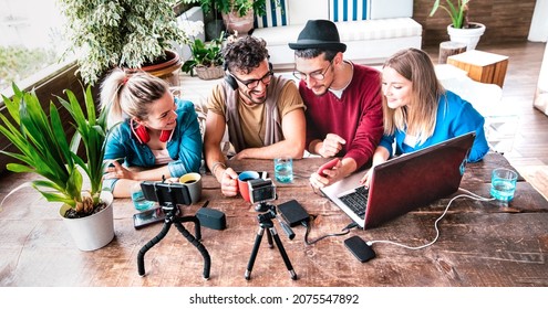 Milenial people sharing content on streaming platform with digital web camera - Modern lifestyle concept with smart millenial guys and girls having fun vlogging live feeds on social media networks