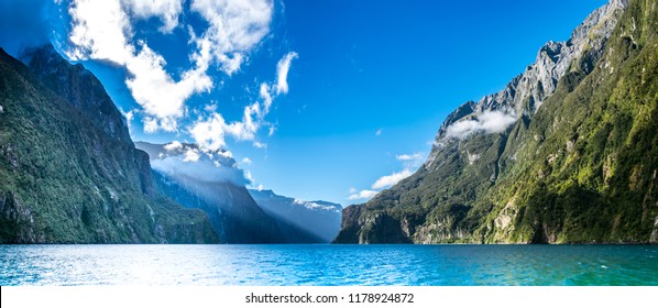 Milford Sound Fjord From Boat In New Zealand