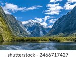 Milford Sound, National Park Fjordland, South Island, New Zealand, Oceania.
Panoramic view of the mountains in the National Park Fjordland, Milford Sound.