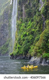 MILFORD SOUND, NEW ZEALAND, Nov 21 :Tourist Sea Kayak In Waterfall Milford Sound November 21 2014, Fiordland National Park,New Zealand