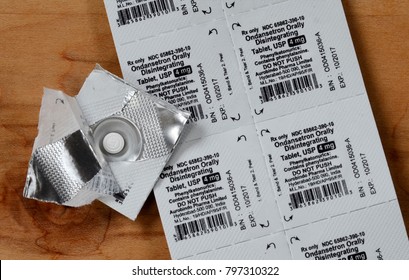 MILFORD,PA, USA - JANUARY 19,2018: Closeup Of Prescription Drug Ondansetron, Also Known As Zofran, Used To Treat The Nausea Side Effect Of Strong Chemotherapy Treatments. 