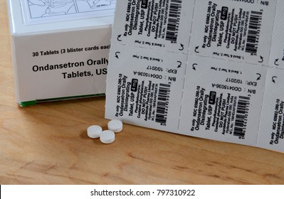 MILFORD,PA, USA - JANUARY 19,2018: Closeup Of The Small White Prescription Drug Ondansetron, Also Known As Zofran, Used To Treat The Nausea Side Effect Of Strong Chemotherapy Treatments. 