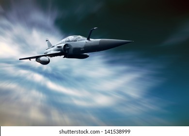 Military airplan on the speed in the sky