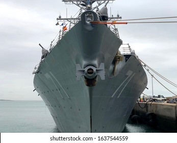 A Military American Us Navy Ship Bow Ship At Port In Rota Naval Base