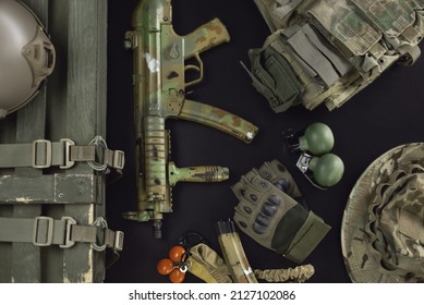 The Military Ammunition Top View Of A Grenade Box, Rifle, Grenades, Bulletproof Vest, Helmet And Other Tactical Items