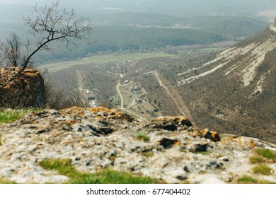 Military Base In Bakhchisarai. Secret Military Base A Top View. Military Unit In Crimea, Russia. Tanks, Armored Personnel Carriers,guns. War Zone. Mountainous Landscape. Military Unit In The Mountains