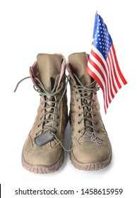 Military Boots, USA Flag And Dog Tag On White Background