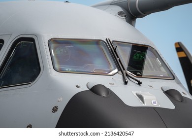 Military Cargo Aircraft. Cockpit Closeup Shot