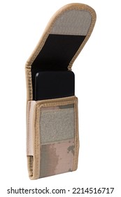 Military Case For Smartphone, Coyote Color, On A White Background, The Case Is Open, Isolate