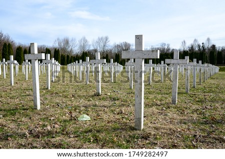 Military cemetery with white crosses. Headstones in War memorial. Numerous soldier's graves marked with Christian crosses. The fallen soldier.