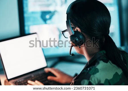 Military command center, computer screen and woman in mockup, headset and tech communication from back. Security, surveillance and soldier with blank monitor in army office at government control room
