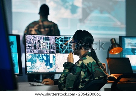 Military command center, computer screen and woman in surveillance, headset and tech for communication. Security, world satellite map and soldier at monitor in army office at government control room.