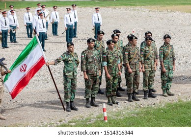military competition ARMY 2018, platoon of soldiers of the Iranian army with the flag of the Islamic Republic of Iran. Kostroma Region the town of Pesochnoye June 2018