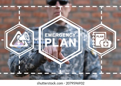 Military Concept Of Emergency Preparedness Plan. Attention Evacuation Training. Emergency Instructions For Safety.