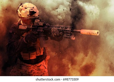 Military Contractor or Soldier in Dusty Explosion Aiming Down His Sights, Military Simulation, Milsim, Airsoft