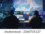 Military control room, computer screen and team with surveillance, headset and tech communication from back. Security, satellite map and man with woman at monitor in army office at command center.