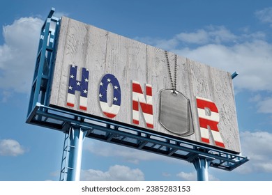 Military dog tags with honor text in an American flag design on rustic gray wood wood on a billboard - Powered by Shutterstock