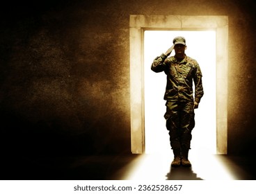 Military, door and soldier salute for leaving home for service, army duty and battle in camouflage uniform. Mockup, war hero and man at entrance ready for armed forces, country and marine defense - Powered by Shutterstock