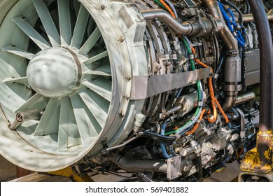 Military Fighter Jet Engine Inside - Airplane Gas Turbine Engine Detail - Plane Rotor Under Heavy Maintenance. 