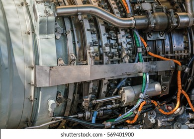 Military Fighter Jet Engine Inside - Airplane Gas Turbine Engine Detail - Plane Rotor Under Heavy Maintenance. 