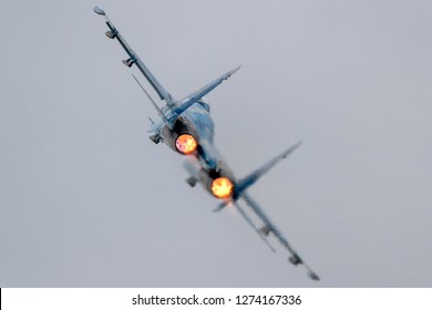 Military Fighter Jet With Full Afterburner Take Off.