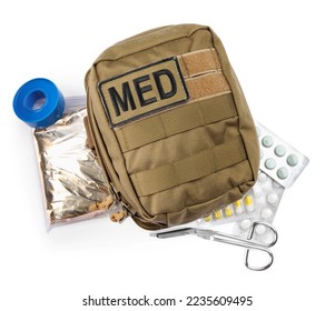 Military first aid kit on white background, top view
