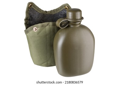 Military Flask For Water In Khaki Color, Next To The Thermo Case, On A White Background, Isolate