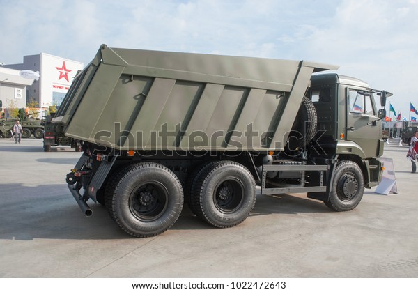 MILITARY GROUND ALABINO, MOSCOW OBLAST,\
RUSSIA - Aug 22, 2017: New Russian truck dump truck KAMAZ-65115 on\
International military-technical forum\
Army-2017