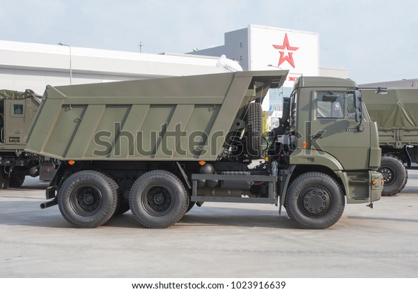 MILITARY GROUND ALABINO, MOSCOW OBLAST,\
RUSSIA - Aug 22, 2017: New Russian truck dump truck KAMAZ-65115 on\
International military-technical forum\
Army-2017