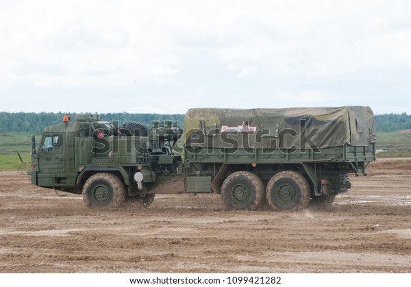 MILITARY GROUND ALABINO, MOSCOW OBLAST, RUSSIA\
- Aug 24, 2017: Russian military truck BAZ-6402 cross-country\
racing on the landfill Alabino, international military-technical\
forum ARMY-2017