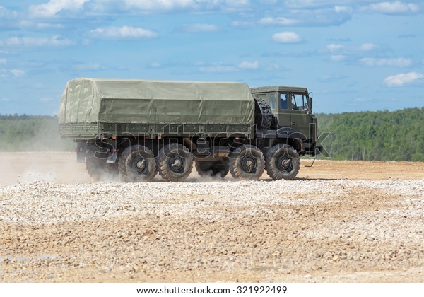 MILITARY GROUND ALABINO, MOSCOW OBLAST, RUSSIA
- JUN 18, 2015: The demonstration of the capabilities of a military
truck KamAZ-6560 at the International military-technical forum
ARMY-2015