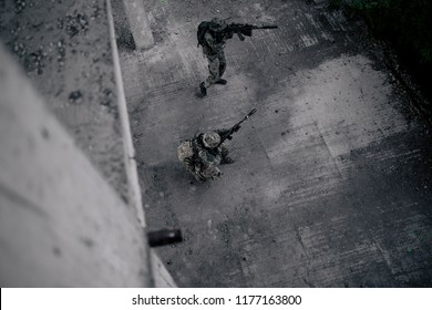 Military Intelligence Of The Destroyed Building, Military Soldiers Storming The Building, Top View