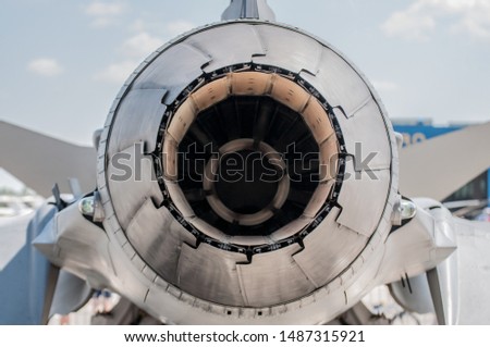 Military jet engine back view inside 