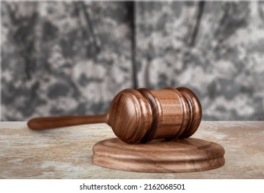 Military Law Concept, Soldier And Wooden Gavel At Courtroom.