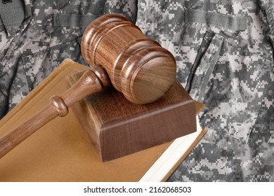 Military Law Concept, Soldier And Wooden Gavel At Courtroom.