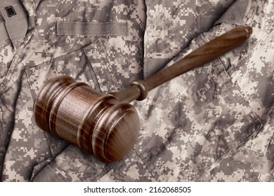 Military Law Concept, Soldier And Wooden Gavel At Courtroom.