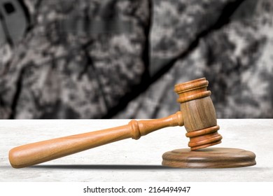 Military Law Concept, Soldier And Wooden Gavel At Courtroom.