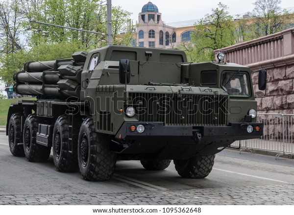 A military\
machine is a volley fire system. Rehearsal of the parade on the day\
of victory. Moscow city. 6 May\
2018